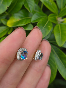 0982: Vintage: 9ct Gold Mystic Topaz 16 Diamonds Stud Earrings