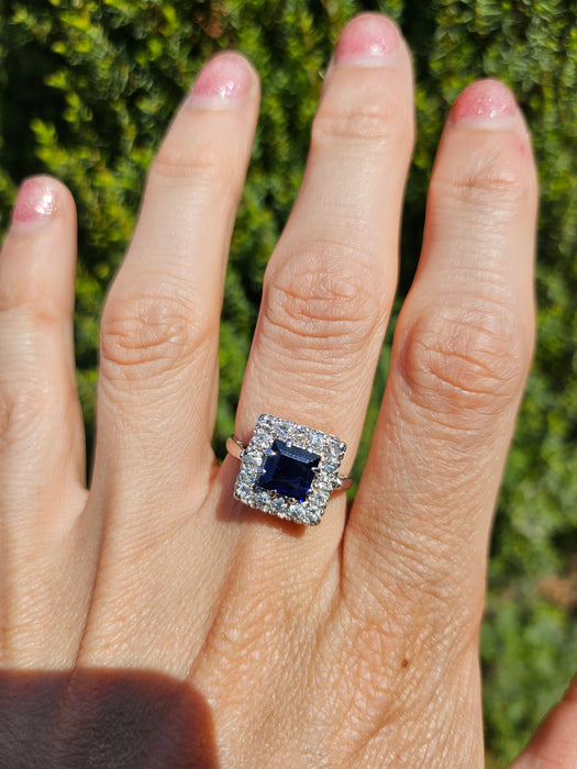 6053 Antique Art-Deco 18ct Gold Blue Sapphire Diamonds Square Set Cocktail Ring- Exquisite