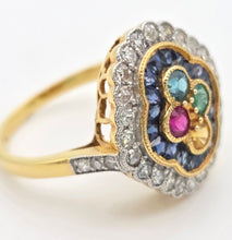 Load image into Gallery viewer, Vintage: 18ct Gold Art Deco Style  Harlequin Multi-Gem Diamonds Cluster Ring- Rainbow beauty
