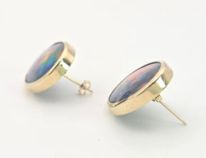 2082:Vintage: Large Blue 14ct Gold Australian Blue Opal Stud Earrings- fabulous statement earrings