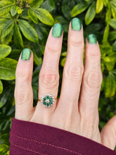 Load image into Gallery viewer, 0131: Vintage: 18ct Gold Emeralds Diamonds Flower Head Ring - sparkling symmetry
