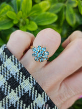 Load image into Gallery viewer, 0896: Vintage: 9ct Gold 11 Swiss Blue Topaz Flower Head Ring- inspired design
