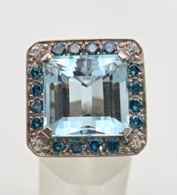 Load image into Gallery viewer, VINTAGE; 14ct White Gold Large Emerald Cut Aquamarine (13.9ct) , Blue Diamonds Statement Cocktail Ring
