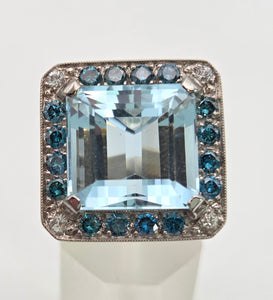 VINTAGE; 14ct White Gold Large Emerald Cut Aquamarine (13.9ct) , Blue Diamonds Statement Cocktail Ring