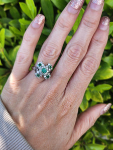 7410: Vintage; 18 White Gold Emeralds Diamonds Statement Cocktail&nbsp; Ring- Fabulous