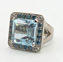Load image into Gallery viewer, VINTAGE; 14ct White Gold Large Emerald Cut Aquamarine (13.9ct) , Blue Diamonds Statement Cocktail Ring
