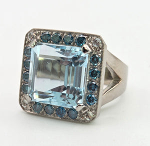 VINTAGE; 14ct White Gold Large Emerald Cut Aquamarine (13.9ct) , Blue Diamonds Statement Cocktail Ring