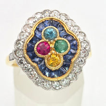 Load image into Gallery viewer, Vintage: 18ct Gold Art Deco Style  Harlequin Multi-Gem Diamonds Cluster Ring- Rainbow beauty

