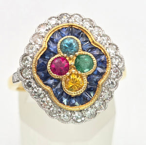 Vintage: 18ct Gold Art Deco Style  Harlequin Multi-Gem Diamonds Cluster Ring- Rainbow beauty