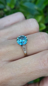 2248 Vintage 18ct Gold Round Cut Blue Zircon (4.25ct)  Diamonds 3-Stone Ring