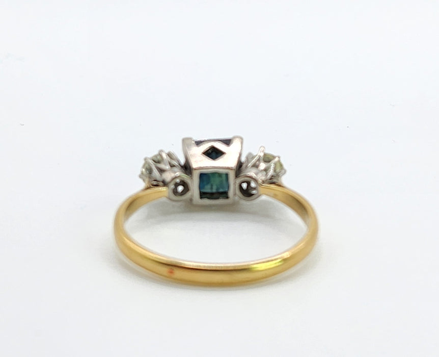 1598 Vintage: 18ct Yellow Gold & Platinum Sapphire & Diamond Three Stone Ring