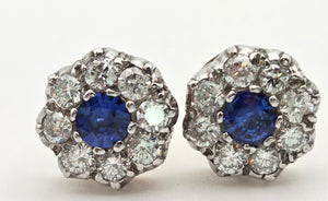 2360:   Vintage 18ct Gold Cornflower Blue Sapphire Diamonds {1.2ct} Stud Earrings- Divine