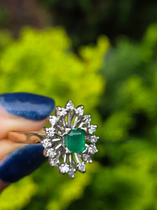 2032: Vintage: 18ct Gold Emerald Diamonds Openwork Marquise Cluster Ring