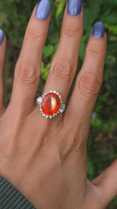 Vintage: 14ct White Gold Fire Opal 7.42ct & Diamond 1.44ct Dress Ring