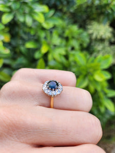 0292: Vintage; 18ct Gold French Blue Sapphires High- Calibre Diamonds Floral Cluster Ring- Date Mark -1968