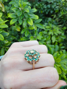 0560: Vintage: Large 9ct Gold Emeralds Diamonds Tiered Cluster Ring- Date-mark 1980