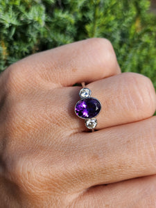 1955: Vintage: Platinum Amethyst (1.64ct) Diamonds (0.5ct) 3-Stone Straight Ring- an absolute beauty.
