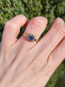 1043: Vintage 9ct Gold Yellow Diamonds Cushion Cut Iolite Dress Ring