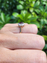 Load image into Gallery viewer, A8015: Vintage (1962) 18ct Gold Almandine Garnet 12 Round Cut Diamonds Daisy Ring- 62 years old and looking great
