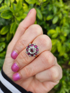 Vintage: 18ct Gold Rich Red Rubies Diamonds Floral Cluster Ring- Date-Mark 1975