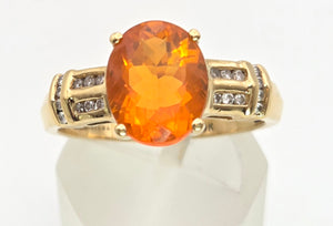 2329: Vintage: 18ct Gold Fire Opal Diamonds Dress Ring-vibrant, vivid, sparkling