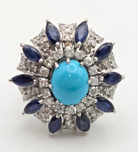 Cargar imagen en el visor de la galería, 2269: Vintage: 14ct White Gold Turquoise, Blue Sapphires, 56 Diamonds Statement Cluster Ring
