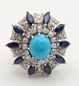 2269: Vintage: 14ct White Gold Turquoise, Blue Sapphires, 56 Diamonds Statement Cluster Ring