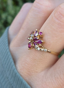 2453 Vintage: 14ct Gold Rubies Diamonds Floral Cluster Ring- From 1972