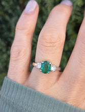 Load image into Gallery viewer, 2299 Vintage: Platinum Emerald (1.19ct) Diamonds (0.30ct) 3-Stone Ring
