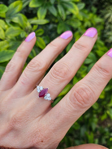 0936: Vintage: Platinum Marquise Cut Rich Red Ruby Diamonds Trefoil Set Ring-Very Special