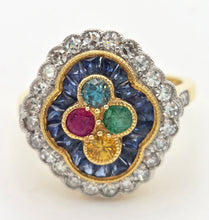 Load image into Gallery viewer, Vintage: 18ct Gold Art Deco Style  Harlequin Multi-Gem Diamonds Cluster Ring- Rainbow beauty
