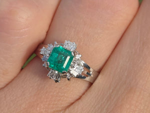 Vintage: Platinum Emerald Cut Emerald Diamonds Cocktail Cluster Ring