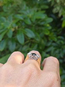 2071: Vintage; 18ct Gold French Blue Sapphire Diamonds (0.3ct) Three Stone Ring- From 1984