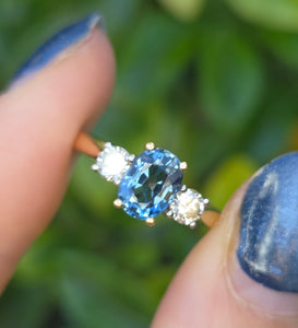 18ct Gold Ceylon Blue Sapphire (1.1ct) Diamonds (0.33ct) 3-Stone  Ring