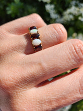 Cargar imagen en el visor de la galería, 1564: Vintage: 9ct Gold White Opals Red Garnets Dress/Stacker Ring- 1970&#39;s Vintage
