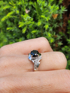 1760: Vintage: 9ct White Gold Black Diamond White Diamonds Halo Ring-Exquisite