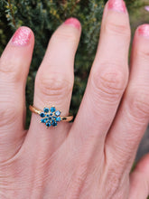 Load image into Gallery viewer, 1346: Vintage; Rare 9ct Gold Blue Diamonds Flower Head Ring- 15 natural, sparkling diamonds
