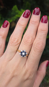 2445 Vintage: 18ct French Blue Sapphires Natural Sparkling Diamonds Flower Head Ring