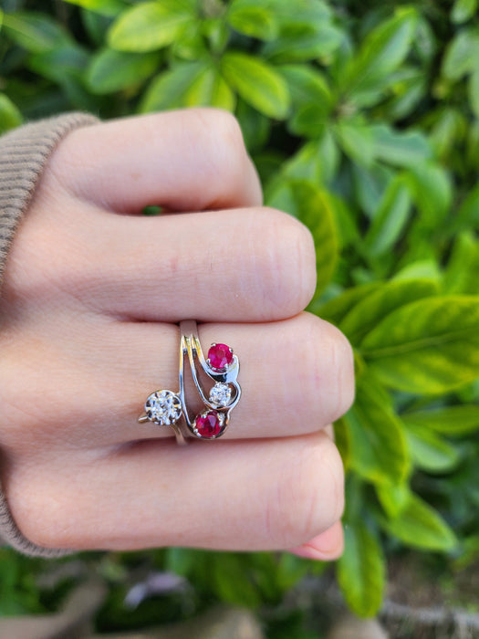 6842 Vintage; 14ct White Gold Rubies Diamonds  Openwork Bypass Dress Ring