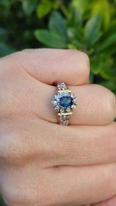 Vintage: 18ct Gold French Blue Sapphire 10 Natural Diamonds Dress Ring- From 1973