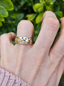 1308: Vintage: Statement 9ct Gold Yellow Sapphires Blue Sapphires Ring- reassuring weight