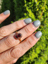 Load image into Gallery viewer, 1658: Vintage: 9ct Gold Red Garnets Floral Cluster Ring- petite and pre-1975
