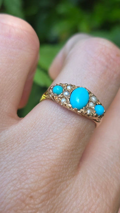 Vintage: 9ct Gold Turquoise Seed Pearls Dress Ring — From 1976