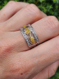 1859: Vintage; 9ct Gold Yellow and White Diamonds Openwork Ring- 52 natural sparkling diamonds