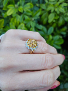 0774:Vintage: Sensational 9ct Gold 19  Citrines 36 Diamonds Floral Cluster Ring