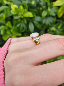 1334: Vintage (1960's) 9ct Gold Cabochon White Opal Topaz Dress Ring- lovely combination