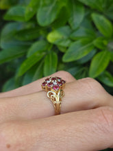Cargar imagen en el visor de la galería, 1845: Vintage; 9ct Gold 9 Red Garnets 4 Natural Diamonds Geometric Set Dress Ring
