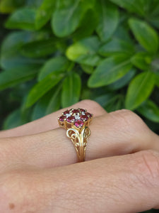 1845: Vintage; 9ct Gold 9 Red Garnets 4 Natural Diamonds Geometric Set Dress Ring
