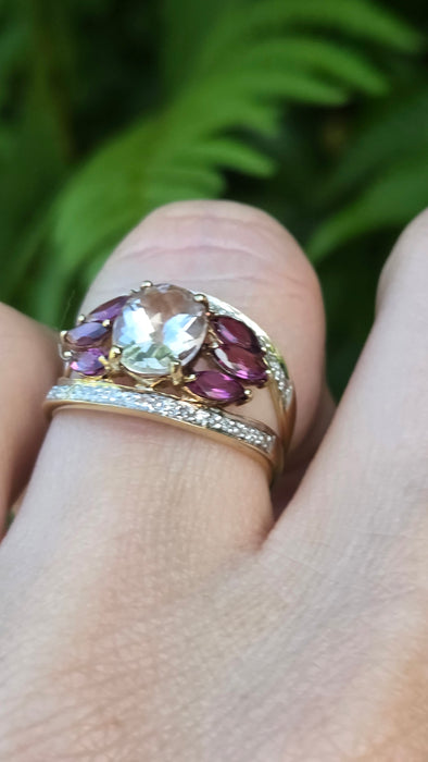 Vintage: 9ct Yellow Gold Morganite, Amethyst & Diamond Cocktail Ring