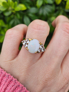 1334: Vintage (1960's) 9ct Gold Cabochon White Opal Topaz Dress Ring- lovely combination